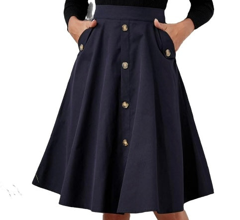 Womens Pocket Skirts Elegant High Waist Knee Length  Blue