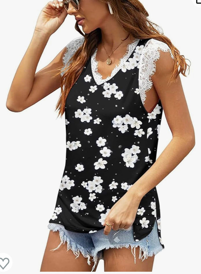 Blouse Shirts Vest Summer Tops Side Casual Floral V Split Neck Printed Tank Women Sleeveless Lace Women's Fitted