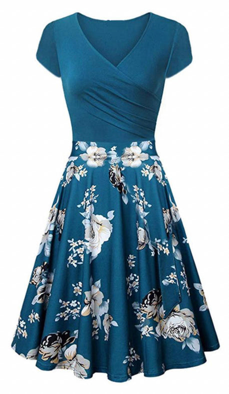 Woman Vintage 1950's Floral Cocktail Dress, Womens V-Neck Long Sleeve Funny Printed Holiday Swing Party Dress