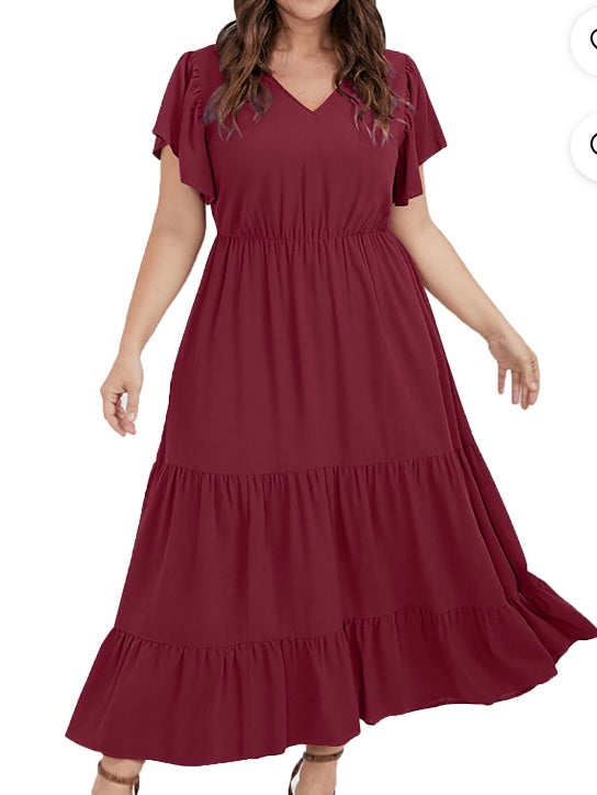 Women's Casual Dresses  Short Sleeve V-Neck Knee-High Dress Solid Color Plus Size Gothic Dresses for Women Slim Fit Daily Mid-Calf Length dress, Wine