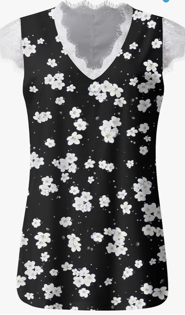 Blouse Shirts Vest Summer Tops Side Casual Floral V Split Neck Printed Tank Women Sleeveless Lace Women's Fitted