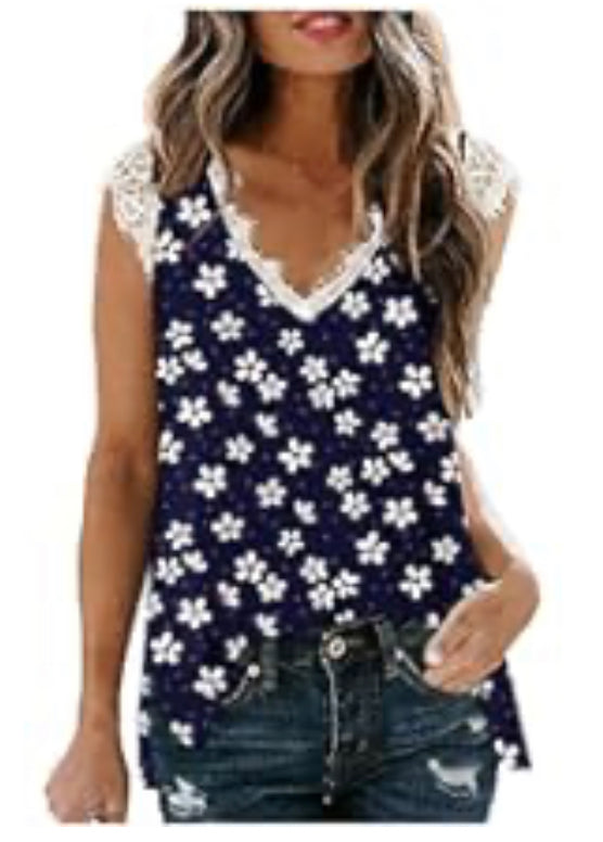 Blouse Shirts Vest Summer Tops Side Casual Floral V Split Neck Printed Tank Women Sleeveless Lace Women's Fitted