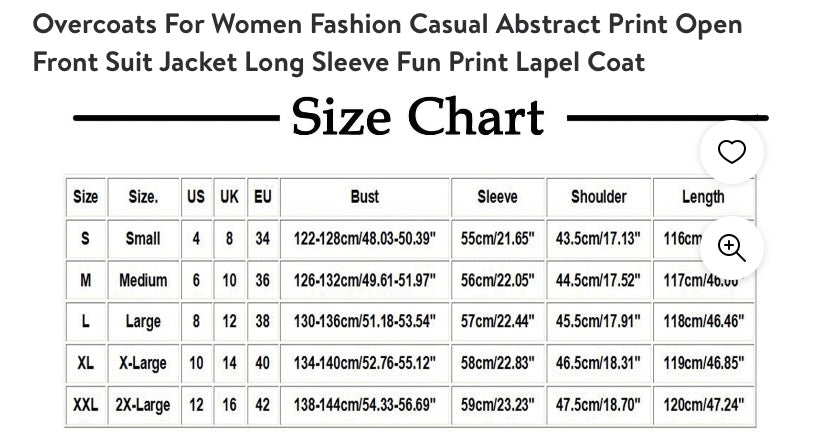 Overcoats For Women Fashion Casual Abstract Print Open
Front Suit Jacket Long Sleeve Fun Print Lapel Coat