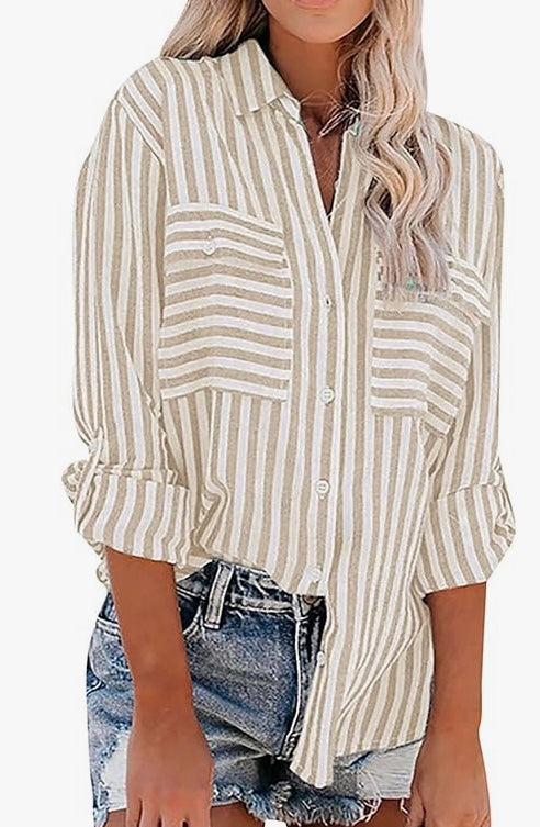 Ladies Tops Women's Cotton Shirts Linen Shirts Women Tops Stripe Print Single Breasted Long Sleeve Shirt Lapel Baggy Tops Basic Shirt for Vacations