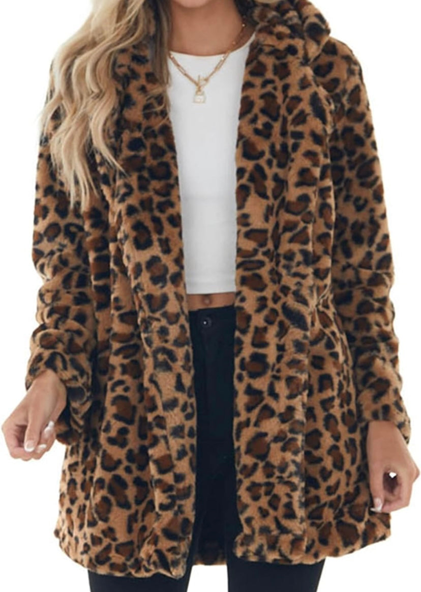 Women's Faux Fur Jackets Autumn Winter Leopard Coats Loose Fur Coat with Pockets