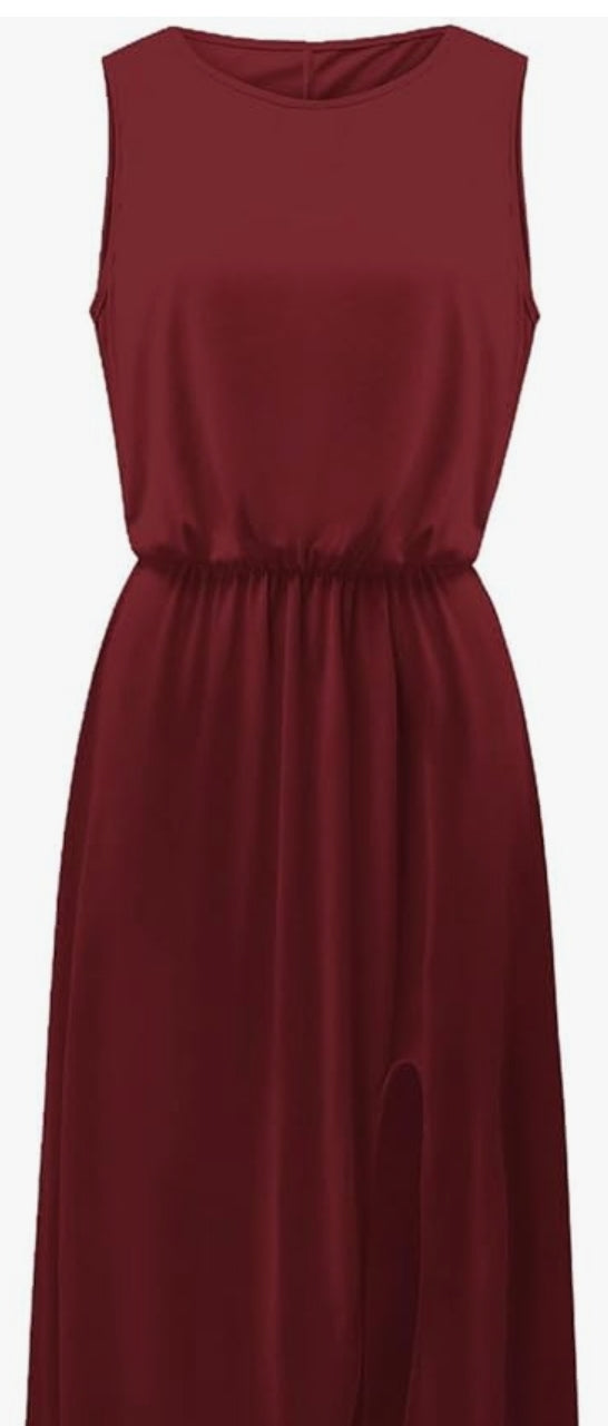 Women's Summer Round Neck Sleeveless Wine Red Dress