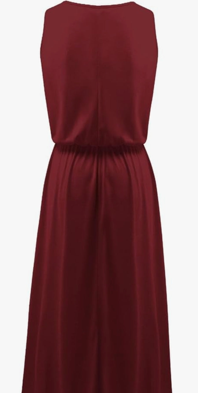 Women's Summer Round Neck Sleeveless Wine Red Dress