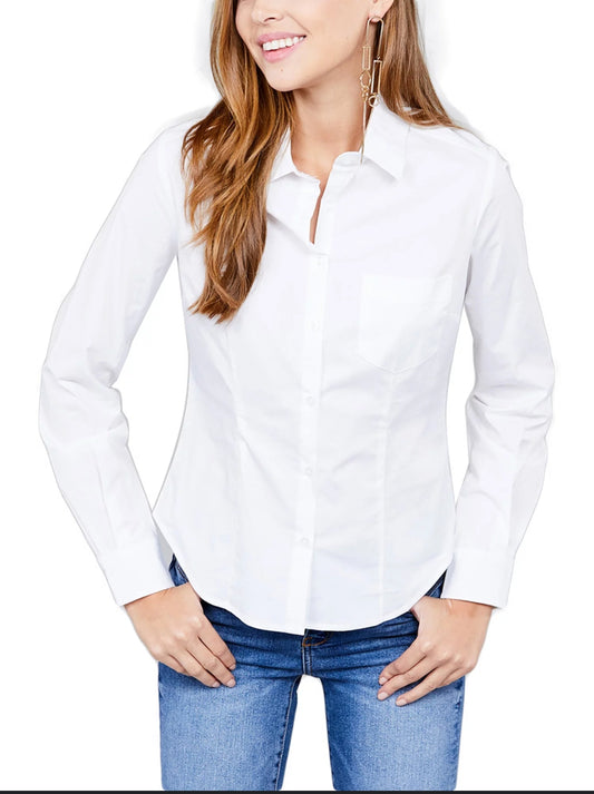 Button Down White Solid Formal Shirt For Women