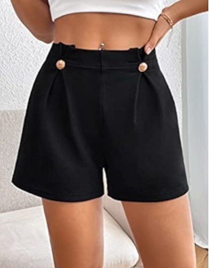 Black Pleated Button Accent Women Shorts