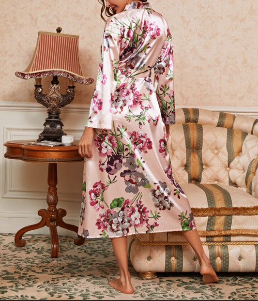 Ladies Floral Satin Kimono Robe