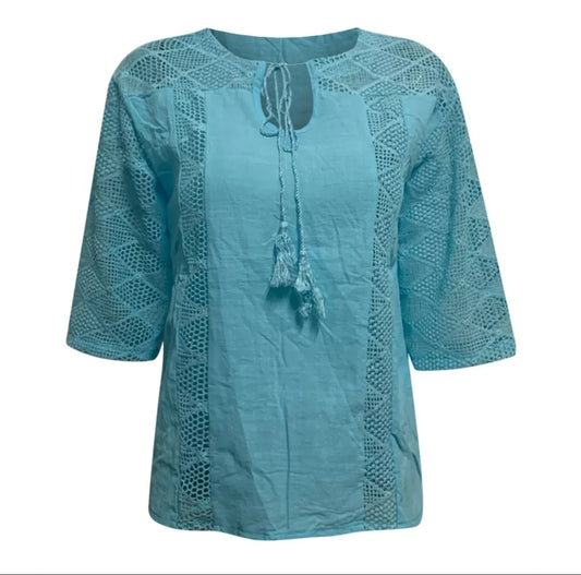 Women's Blue Linen Lace Baggy Blouse