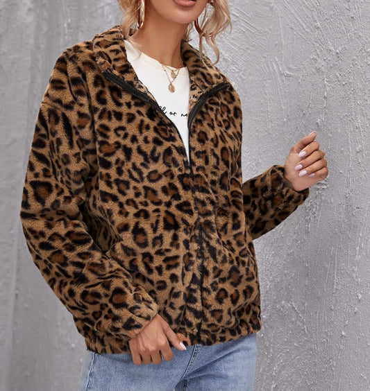 Zip Up Leopard Fuzzy Coat