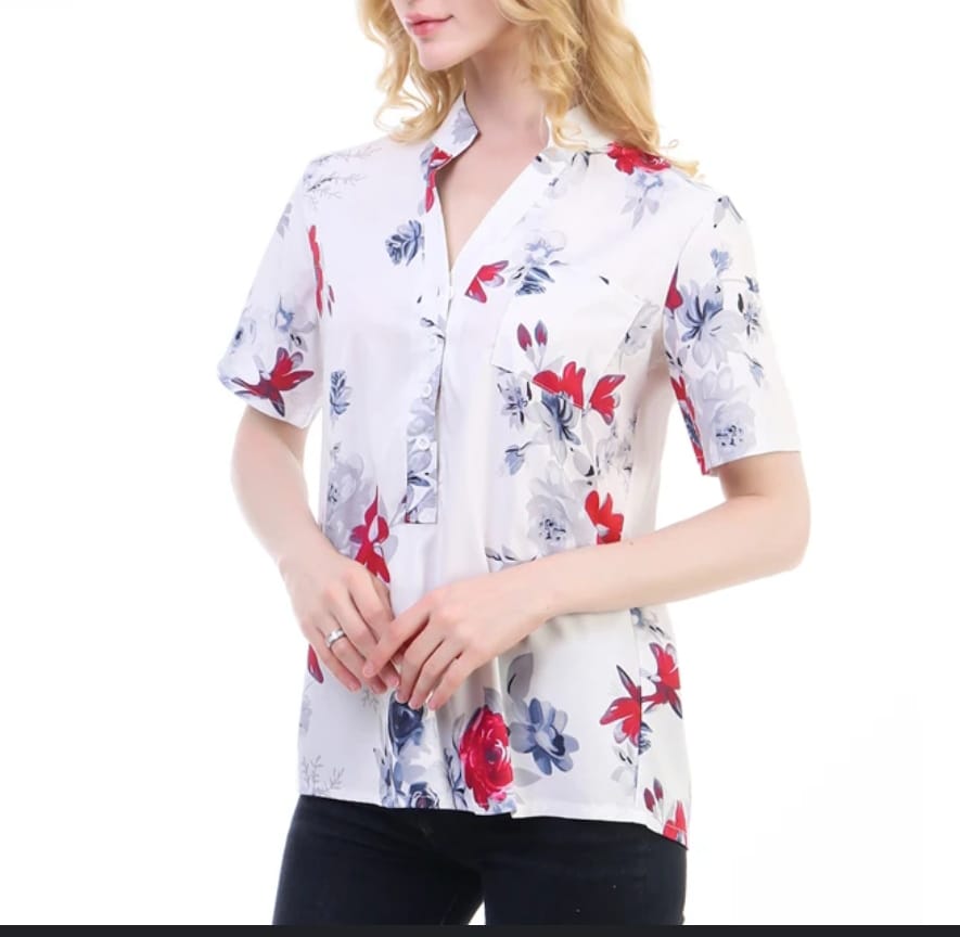 Women's Floral Print Henry Collar Short Sleeve T-Shirt