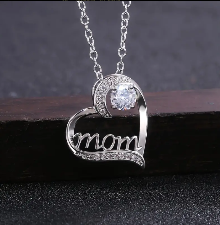 "Mom" Engraved Silver Necklace with gemstone + Colorful Giftbox